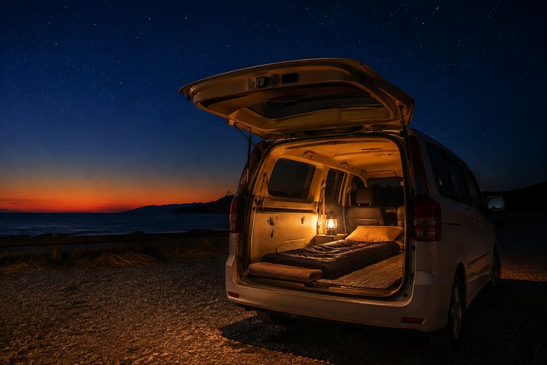 夜の海沿いの駐車場に停まったワンボックス車。後部を開け、車内にマットと寝袋、ランタンの灯りが見える