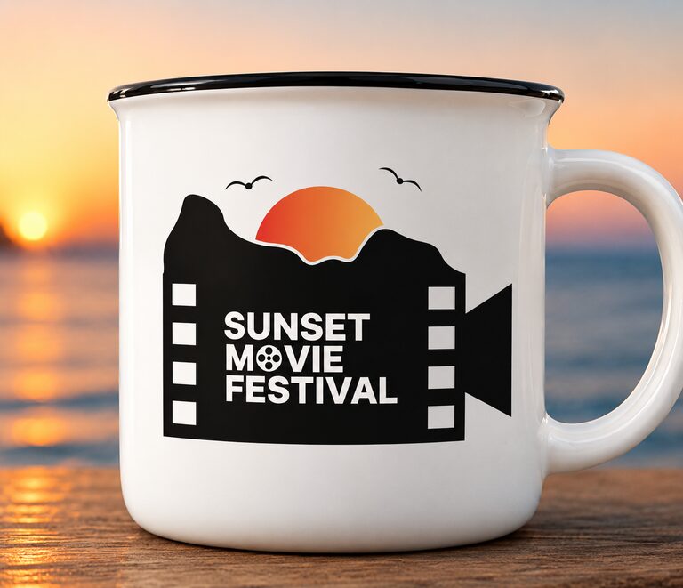 夕日の海辺に置かれた白いマグカップ。映写機と夕日を組み合わせた黒いロゴが入り、縁は黒