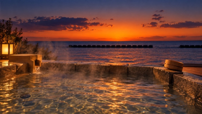 夕暮れの海に面した露天風呂。石の縁の湯船から湯気が立ち、奥の水平線の上で空がオレンジから藍へ変わっていく