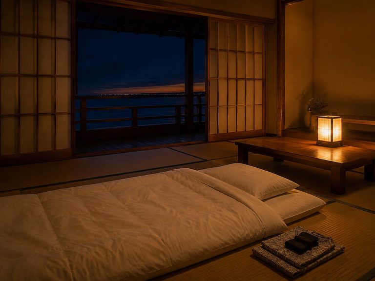 夜の和室に敷かれた布団と、低い机に置かれた行灯。開いた障子の先の縁側から、暗い海と水平線に残る夕焼けが見える